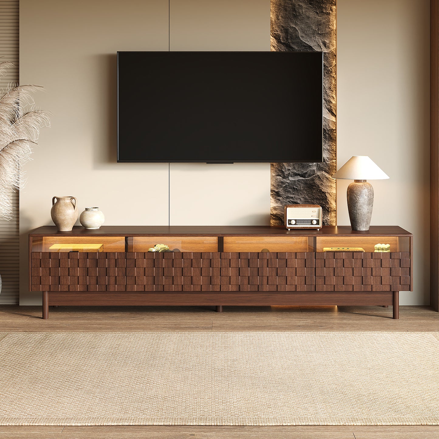 78 Inch TV Stand for Living Room - Modern Entertainment Center with LED Lights and Glass Drawers