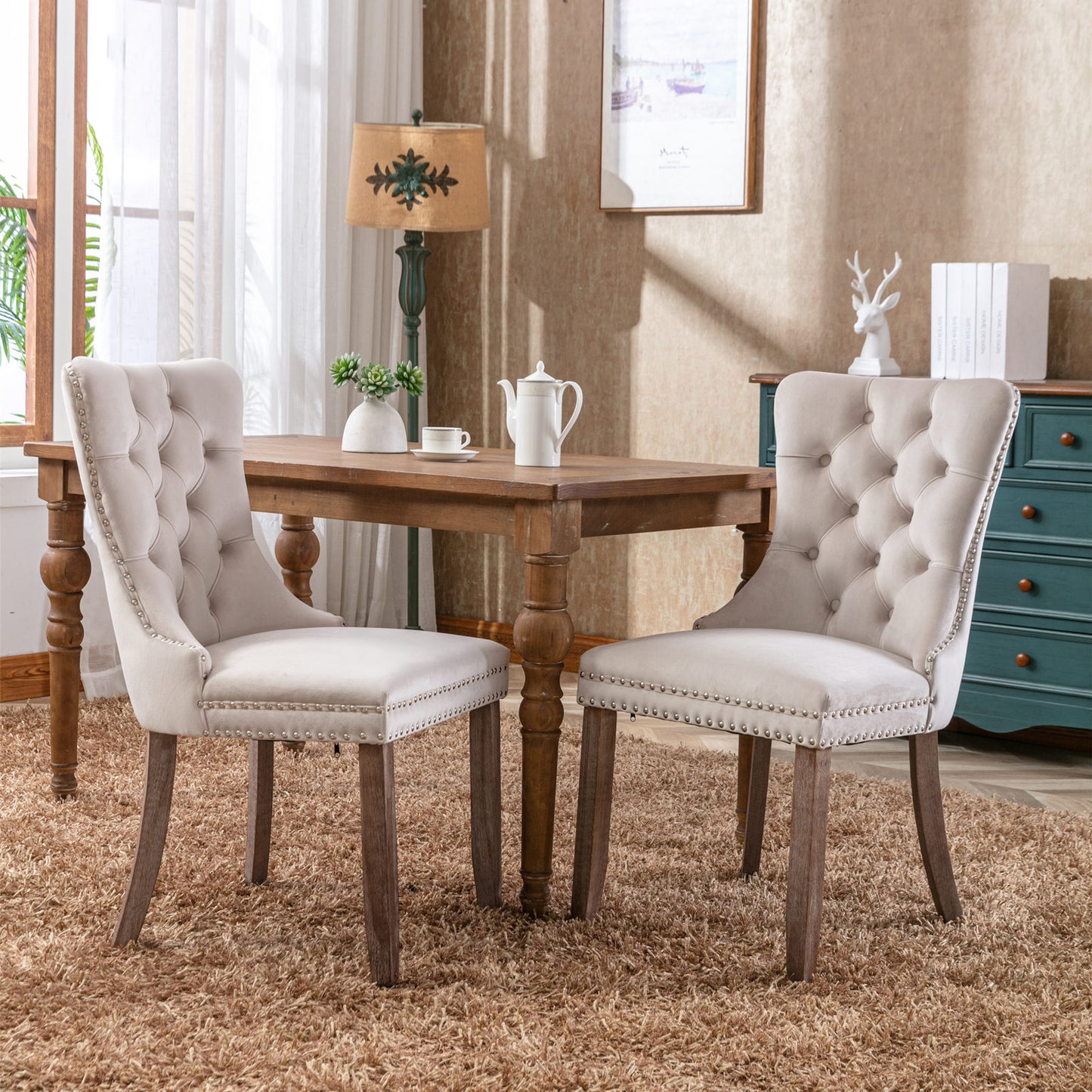 Beige Velvet Upholstered Dining Chairs Set - Modern Tufted Design