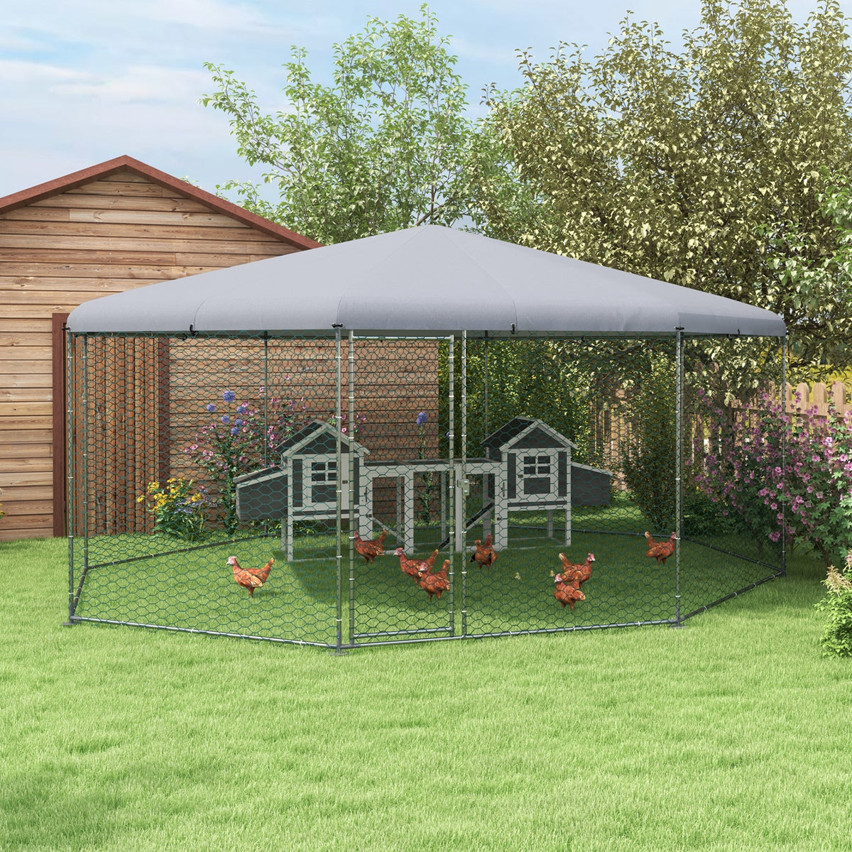 17.1 ft x 15.7 ft Chicken Run with Cover for 19-25 Chickens - Silver