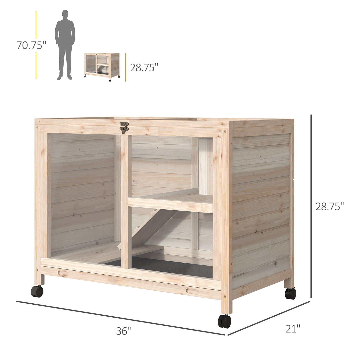 Wooden Rabbit Hutch with Wheels, Openable Roof, Waterproof Small Animal Cage