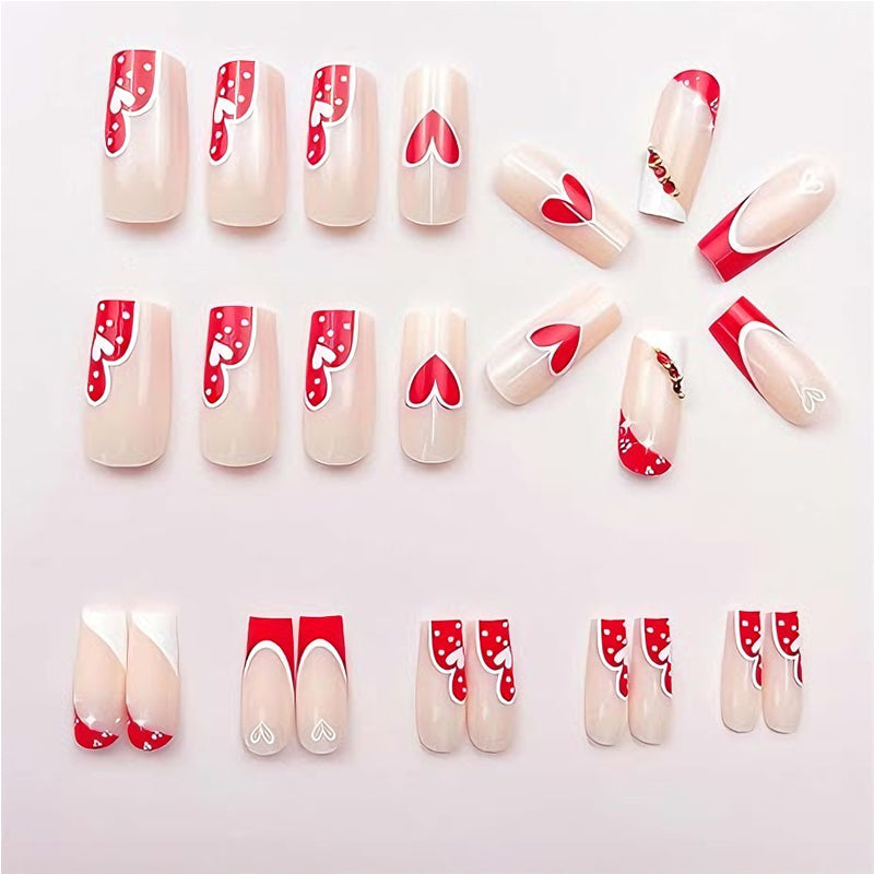 24-Piece Long Square Press-On Nails - Heart Design - Pink