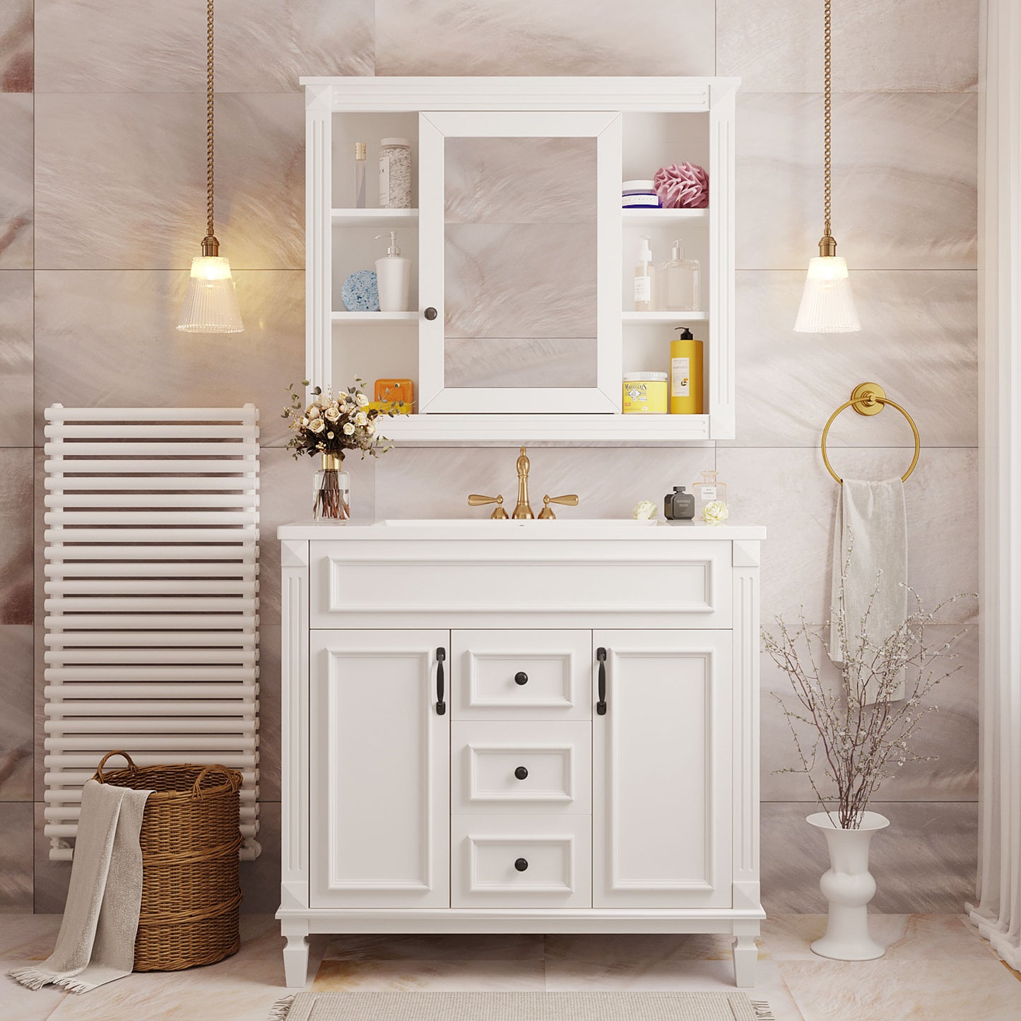 36'' Modern Bathroom Vanity with Sink & Mirror Cabinet - White