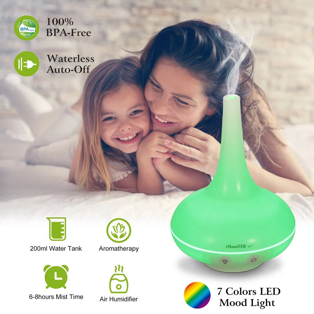 Ultrasonic Cool Mist Humidifier with Aromatherapy Oil Diffuser, 200ml, Colorful Lights