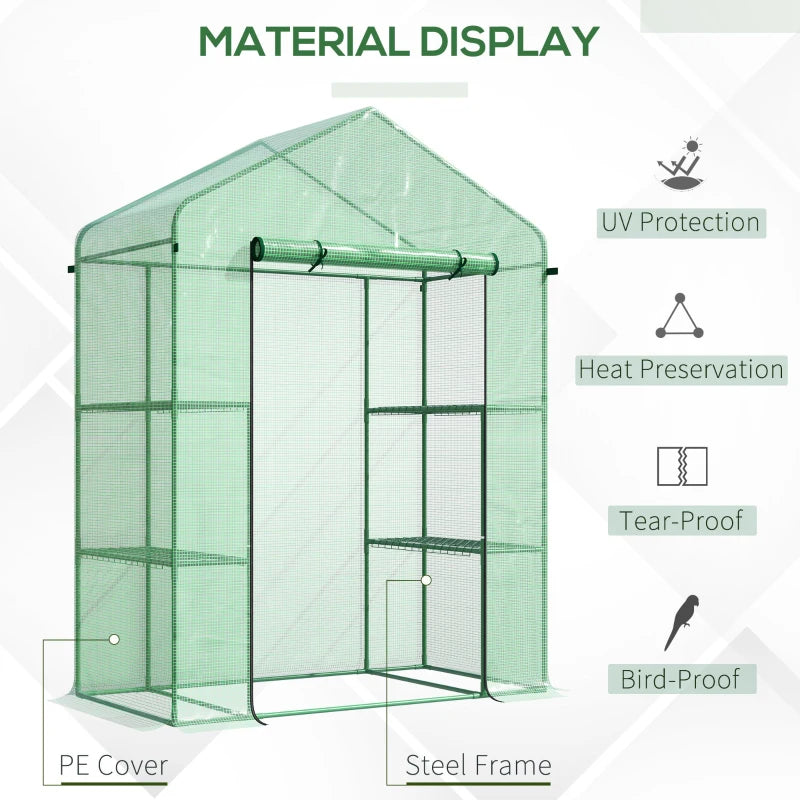 Walk-In Greenhouse with 3 Tiers Shelves, Roll-Up Door & PE Cover - Green