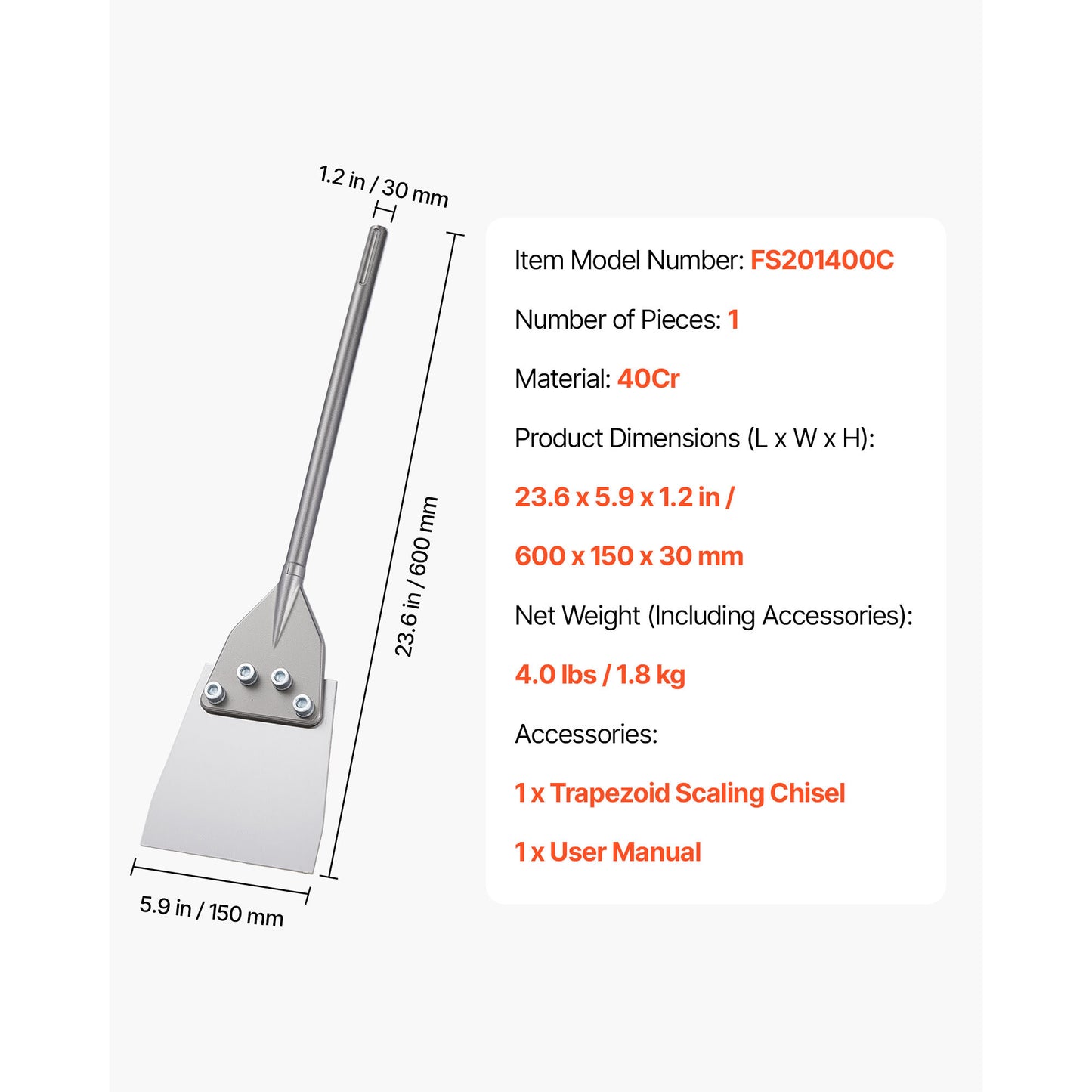 Floor Scraper Tool for Laminate, Tile & Mortar Removal - 23.6 x 5.9 Inches