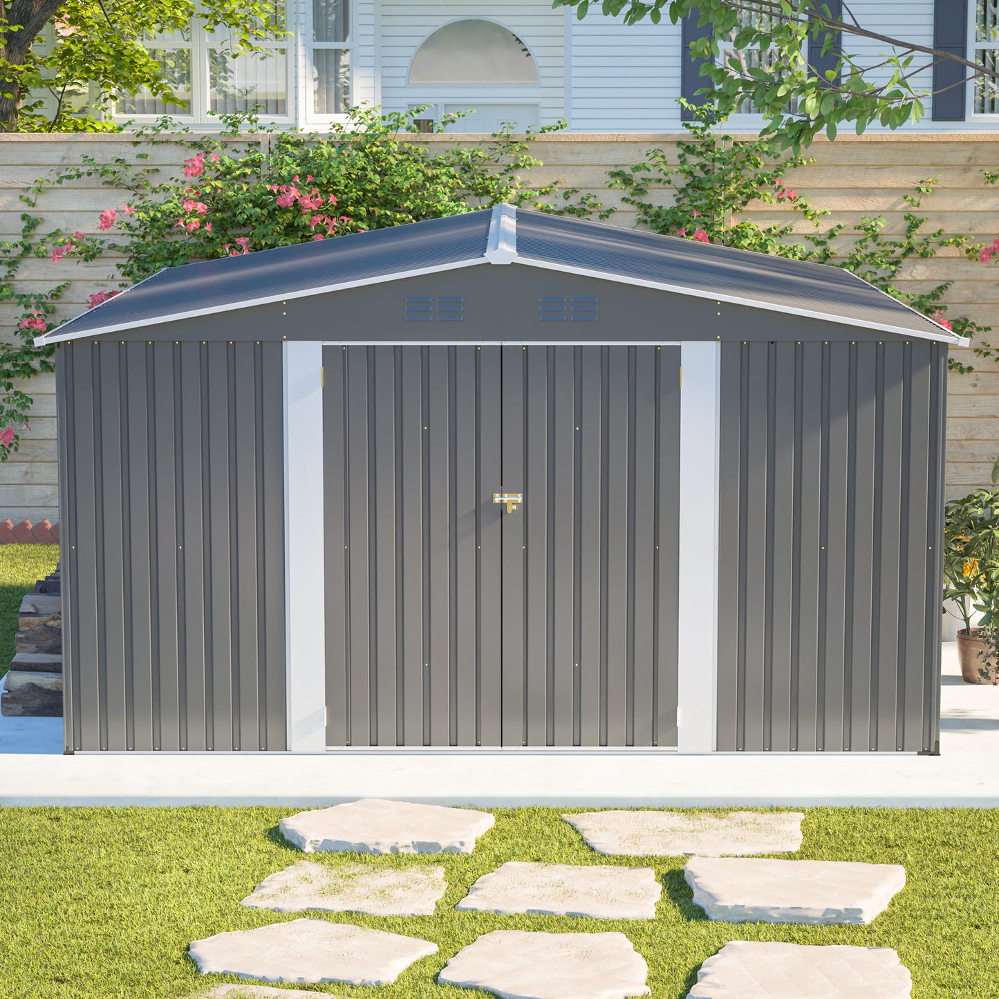12x14 ft Outdoor Metal Storage Shed - Waterproof Garden Tool Shed