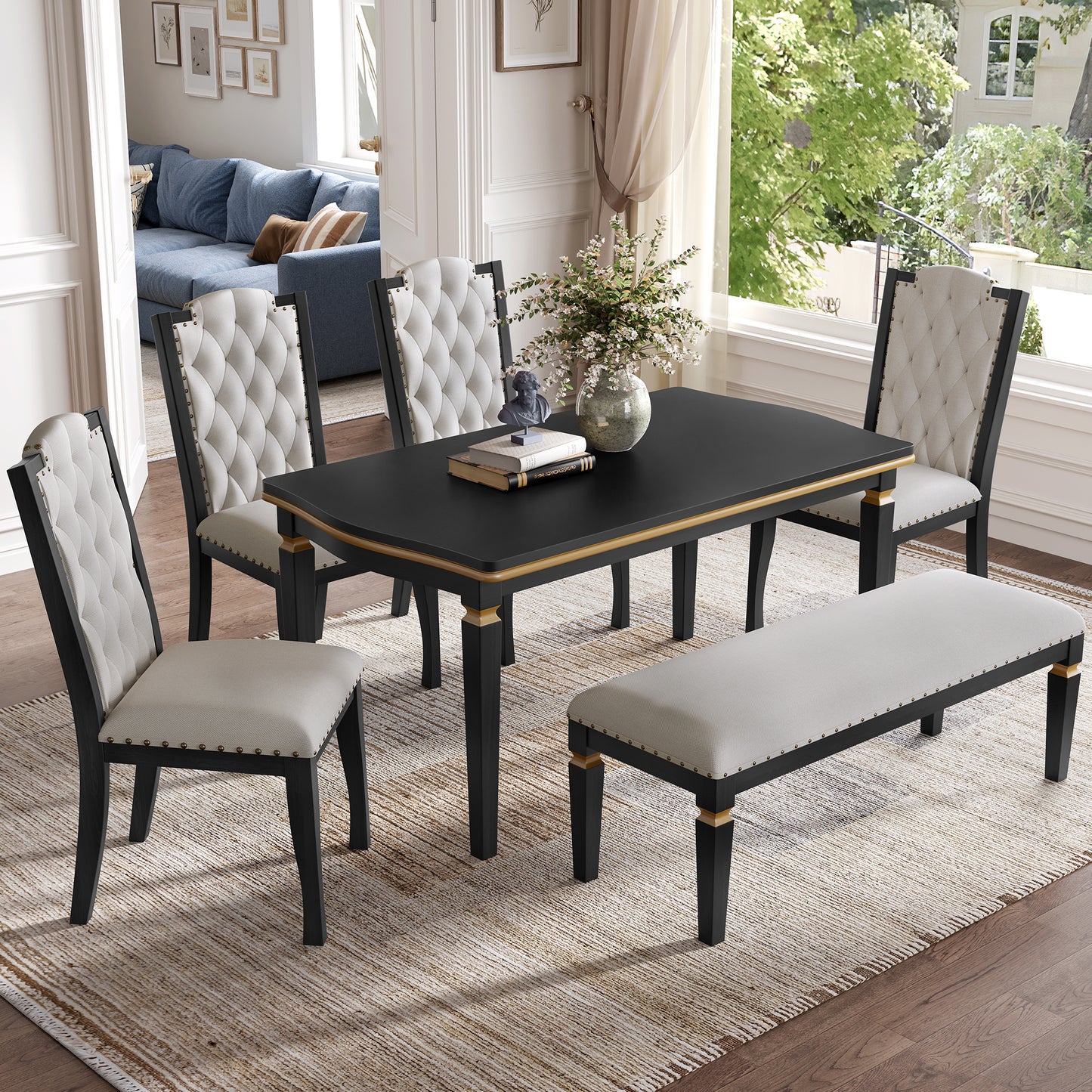 6-Piece Kitchen Dining Table Set, 60 Rectangular And 4 High-Back