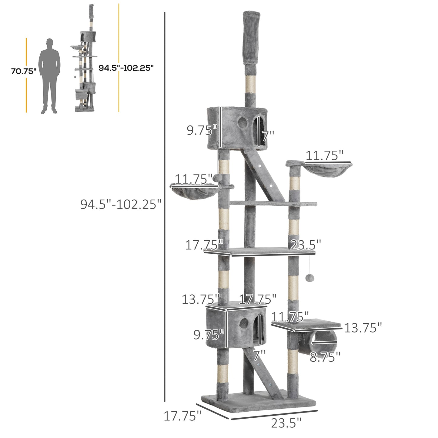Adjustable Floor-to-Ceiling Cat Tree Tower with Scratching Posts, Condos, Hammocks - Light Gray