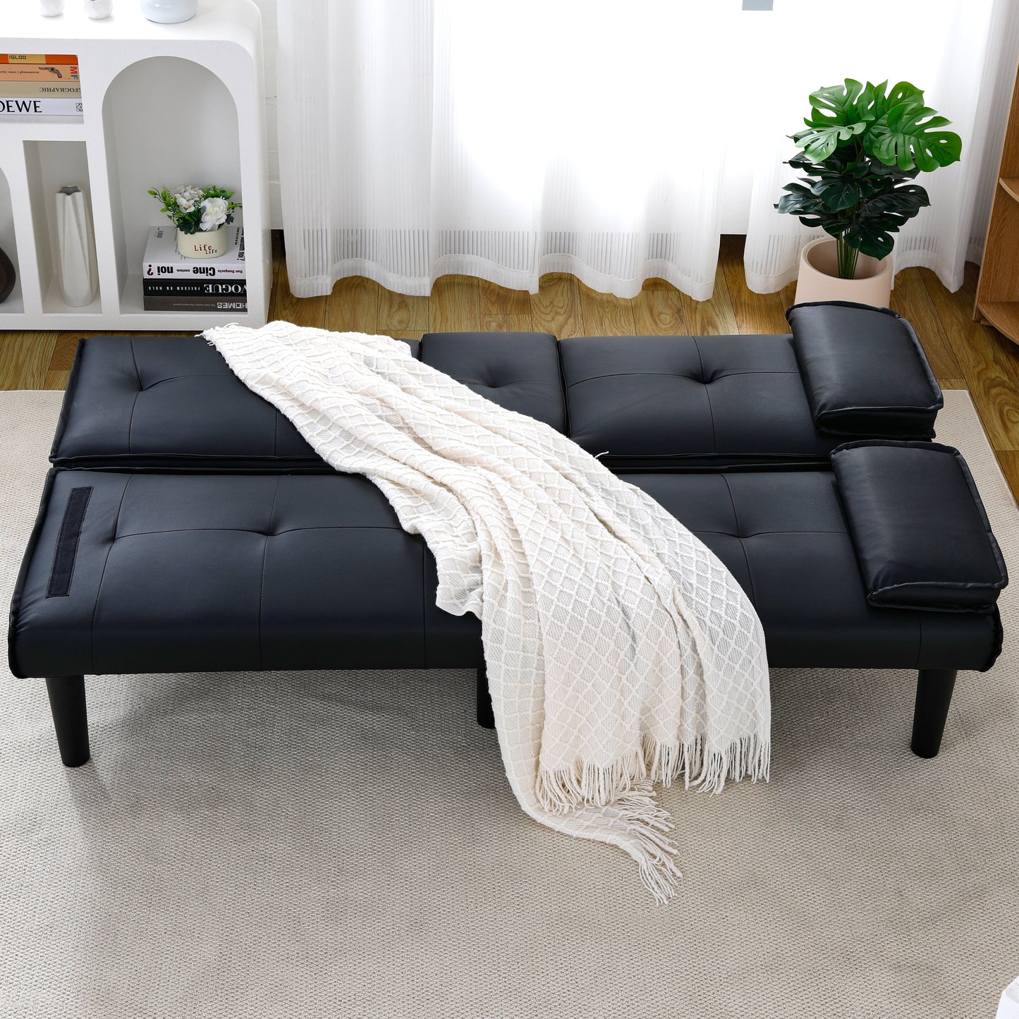 67-Inch Black PVC Multi-Functional Sofa Bed with Cup Holder