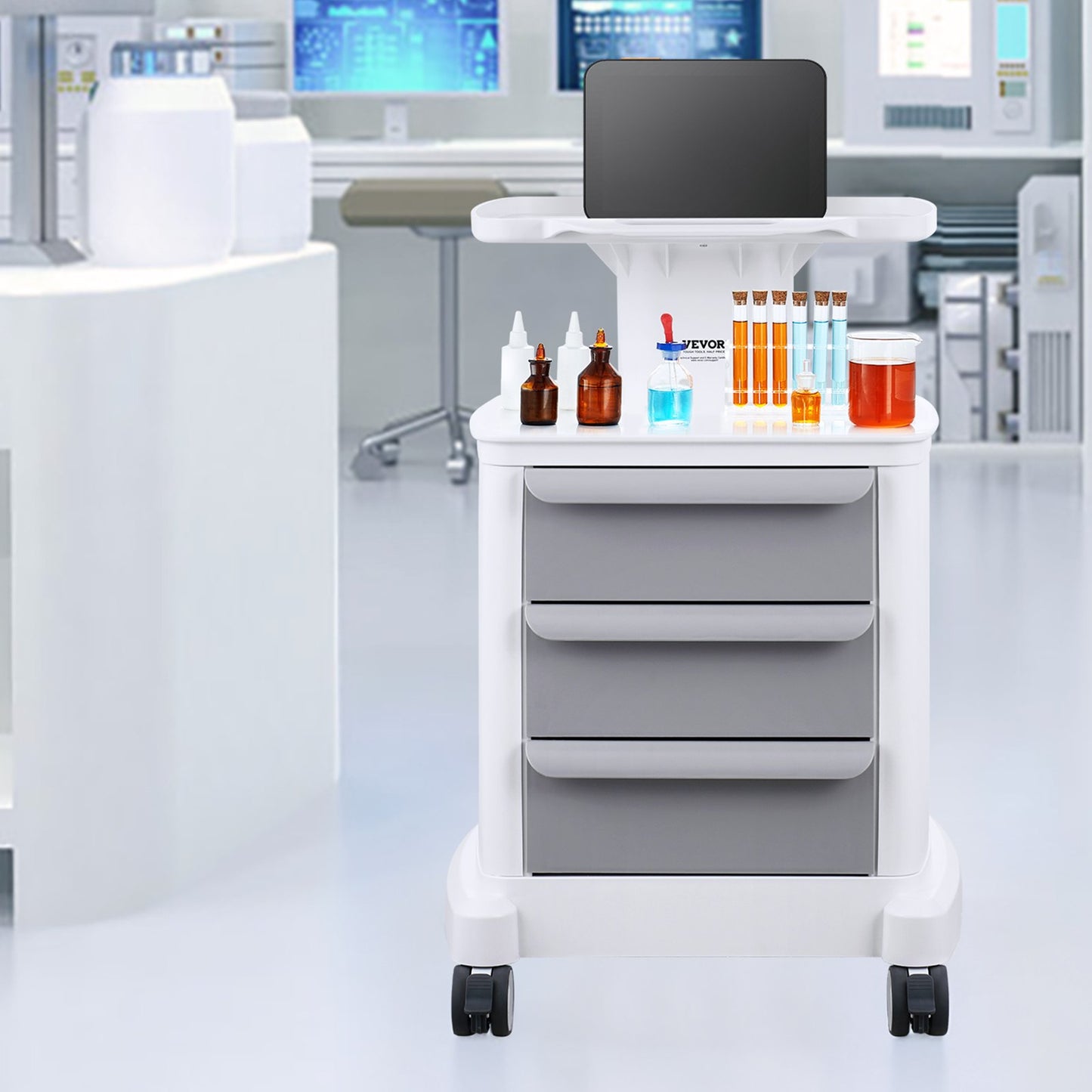 4-Tier Mobile Medical Cart with 3 Drawers & Top Tray - White