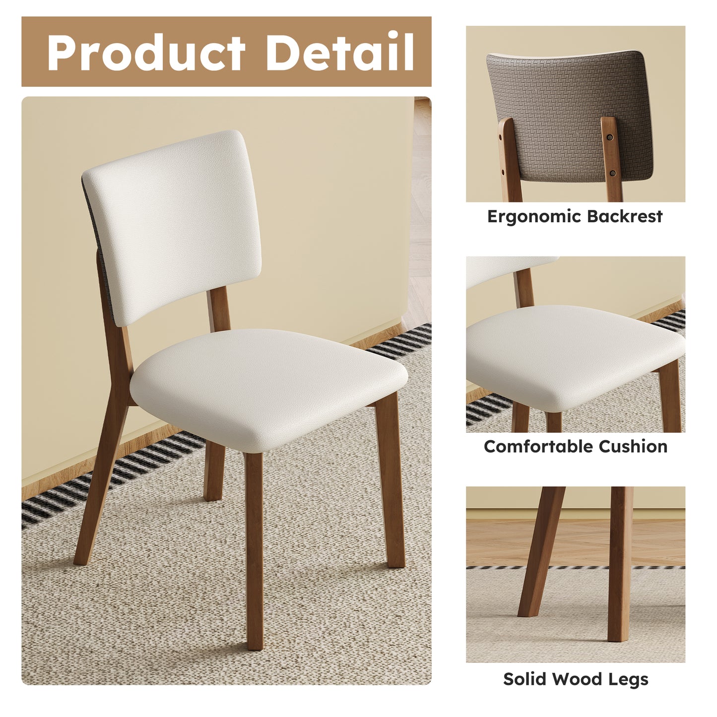 Mid-Century Modern Solid Wood Dining Chairs Set of 2 - White & Walnut