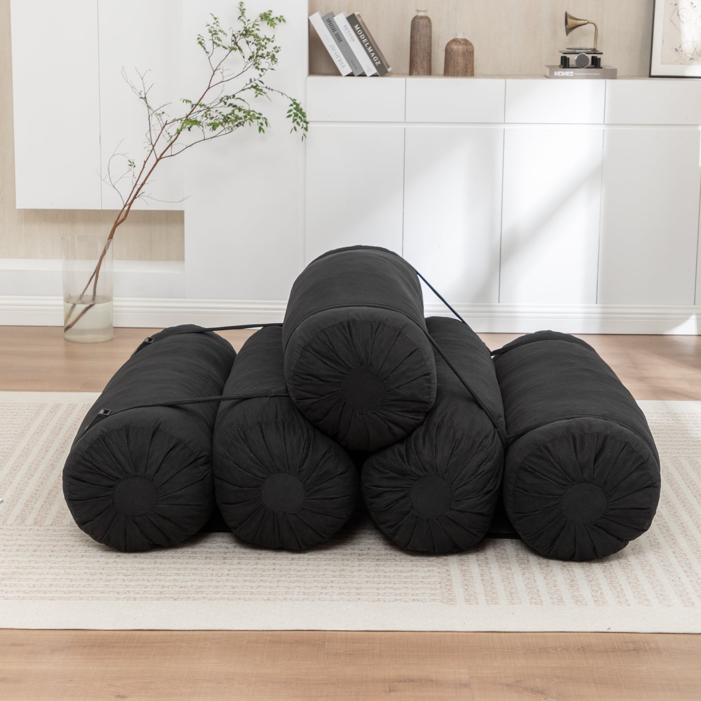 Adjustable Corduroy Floor Sofa - Black Multi-Person Leisure Chair