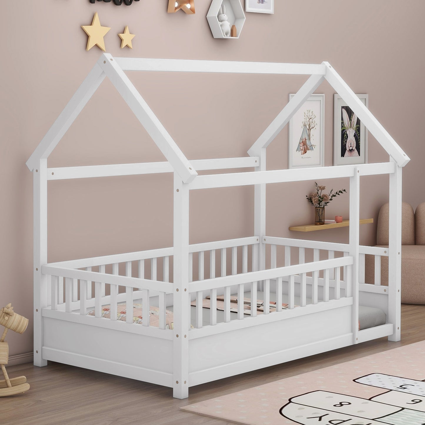 Twin Size Wooden Bed with House Roof Frame & Fence Guardrails - White
