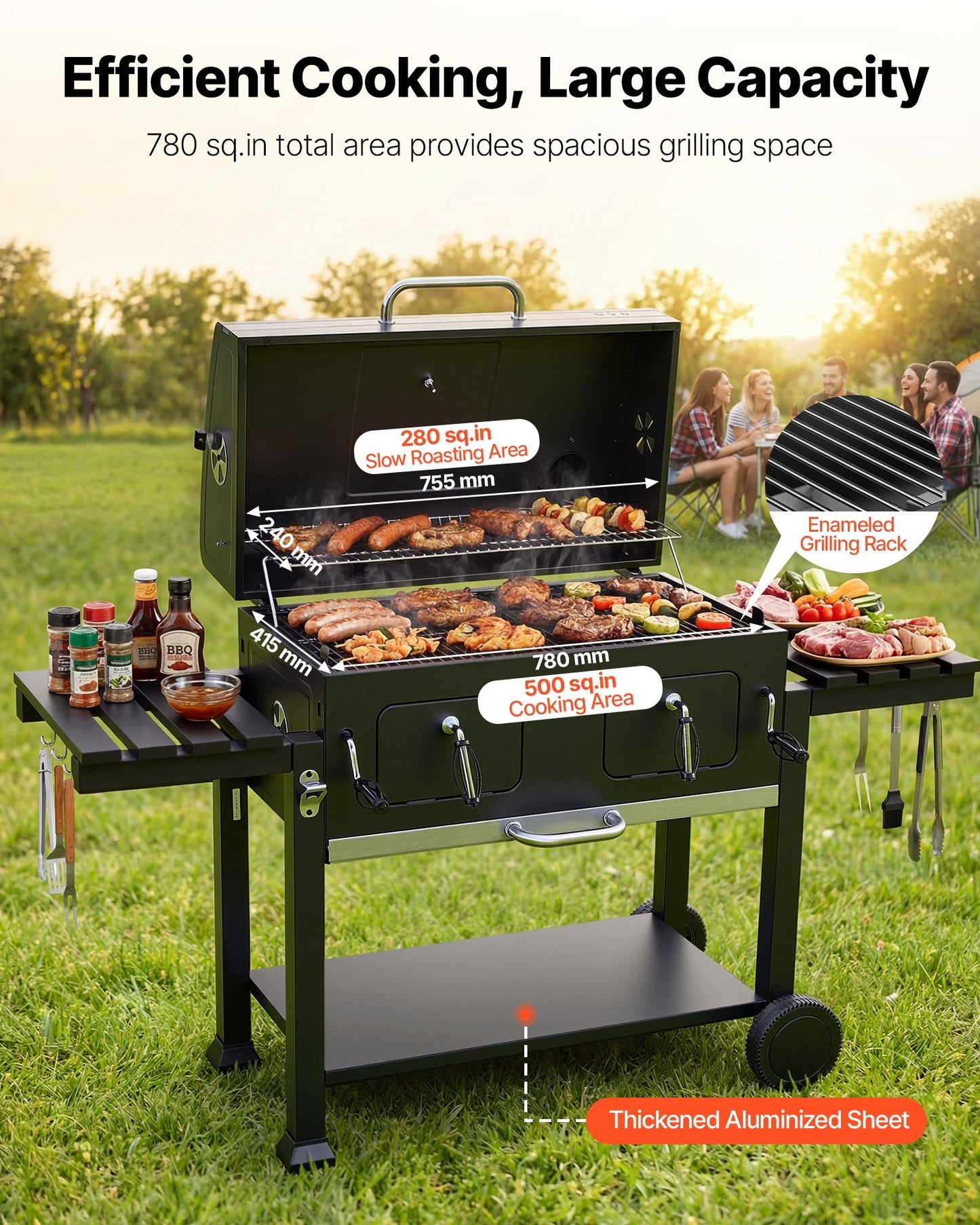 Large Charcoal Grill 780 Sq.in. with Liftable Trays & Folding Side Tables for Patio & Backyard