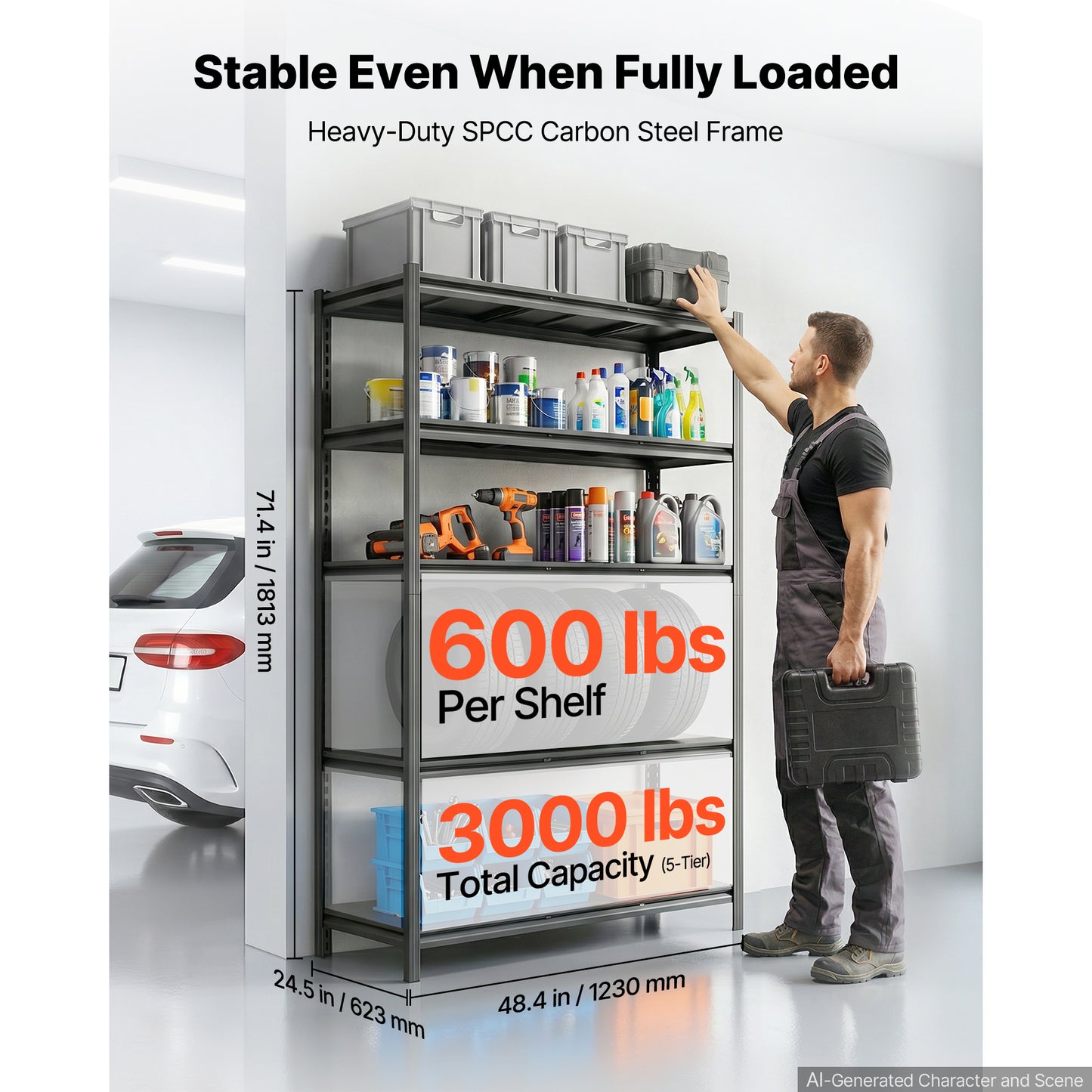 Heavy Duty 5-Tier Garage Storage Shelves - Adjustable Metal Utility Rack, 3000 lbs Capacity