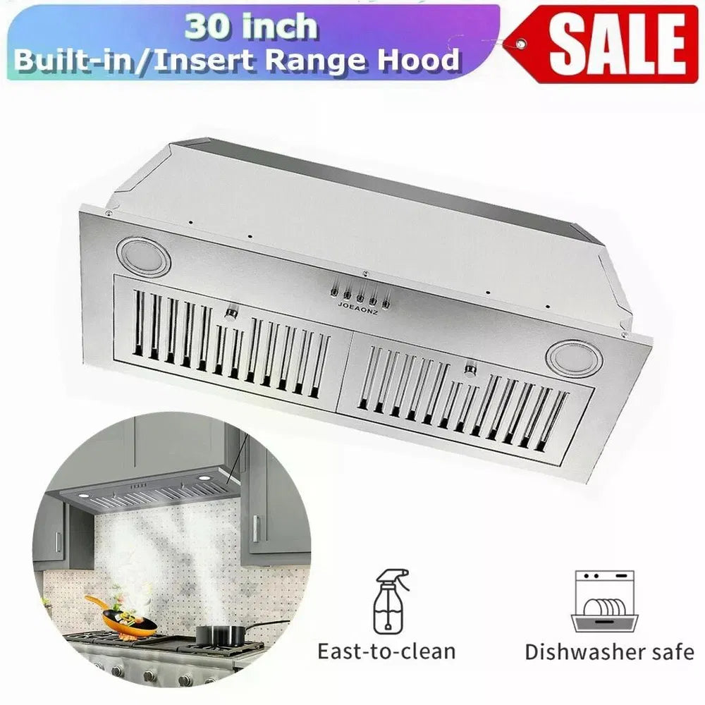30-Inch Built-In Range Hood 600 CFM Kitchen Vent with LEDs and Convertible Fan