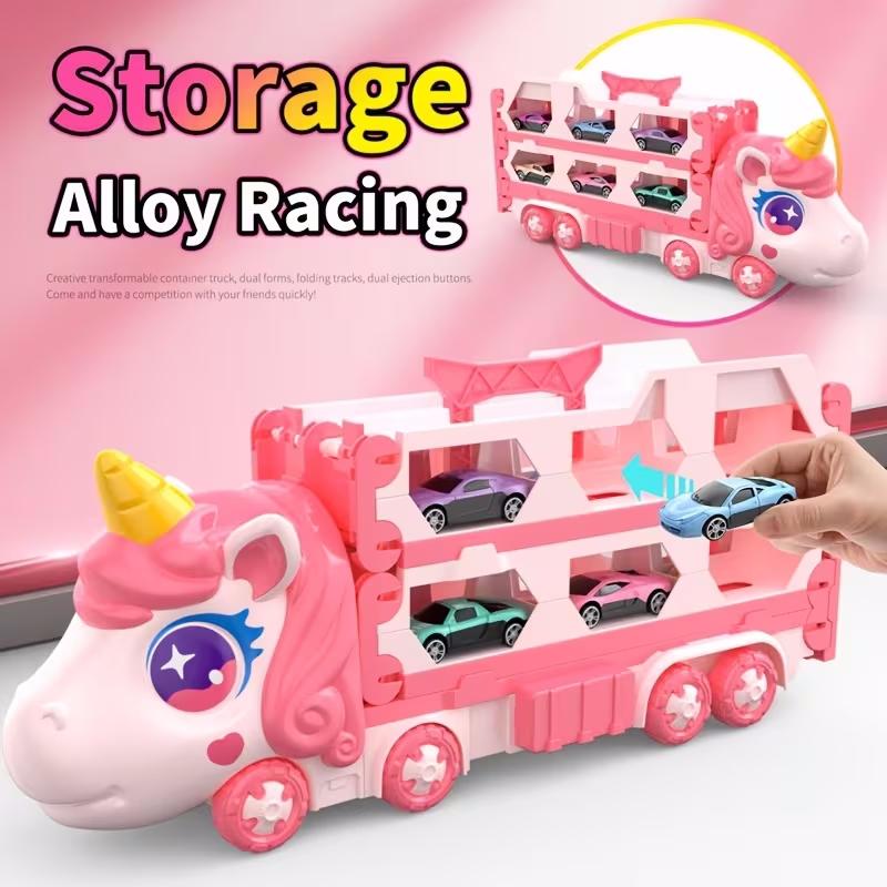 Pink Transforming Truck Toy with Expandable Racetrack and Car Storage Set for Kids