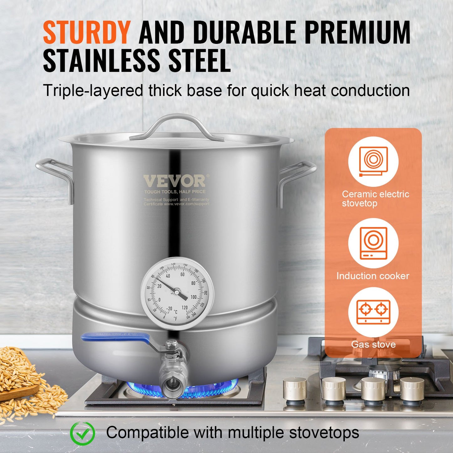 5 Gallon Stainless Steel Brew Kettle with Thermometer & Spigot