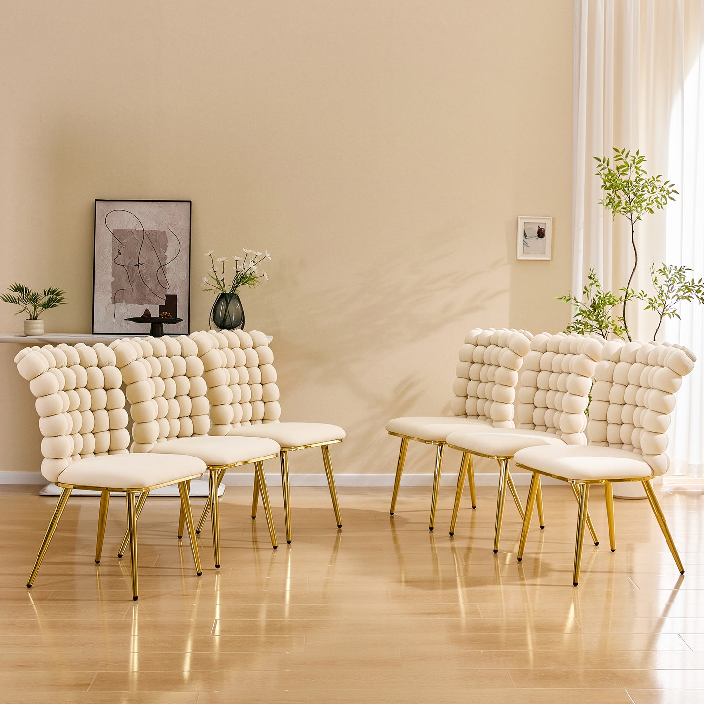 Set of 2 Cream Bubble Tufted Swivel Chairs - Velvet Accent Chairs with Gold Frame