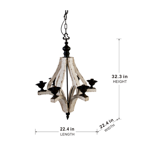 Wooden Chandelier with Adjustable Chain for Kitchen Dining Cream Finish - 6 Lights