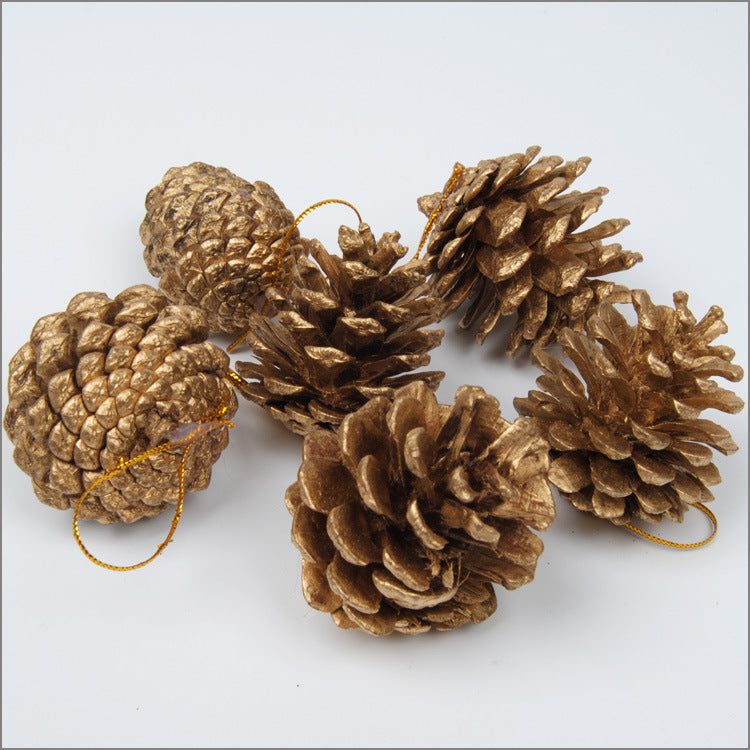 Christmas Pine Cone Decorations Set - Gold & Silver Pendant Ornaments, 6 Pack