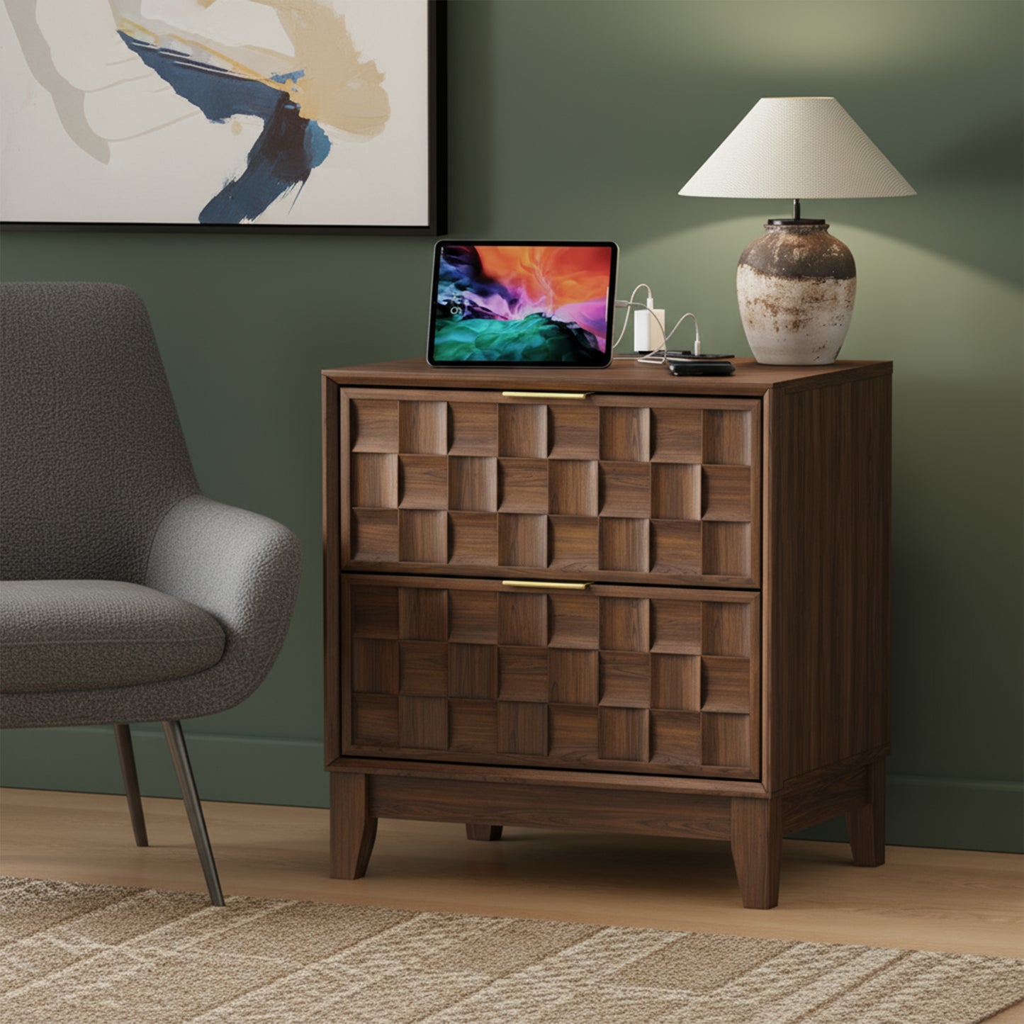 Wooden Night Stand with Charging Station & 2 Drawers
