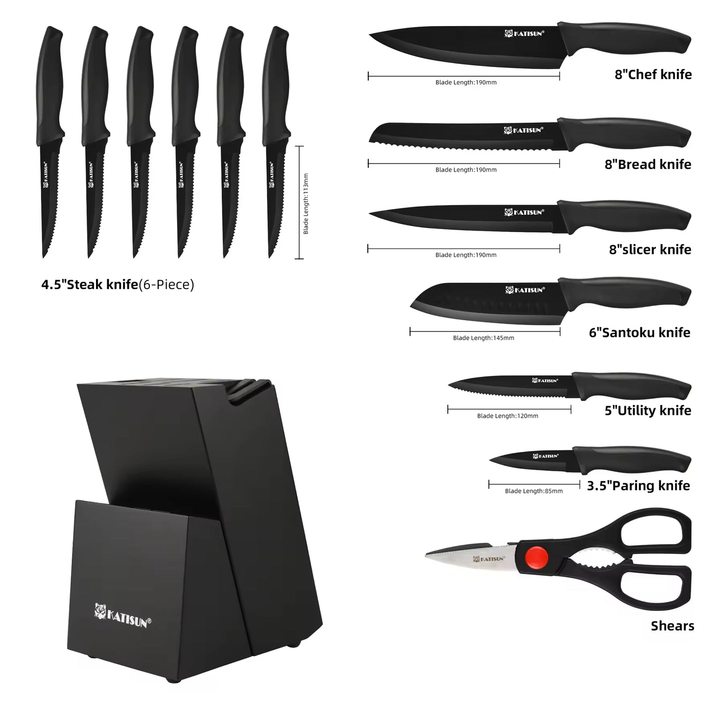 15-Piece Carbon Steel Kitchen Knife Set with Ergonomic Handles