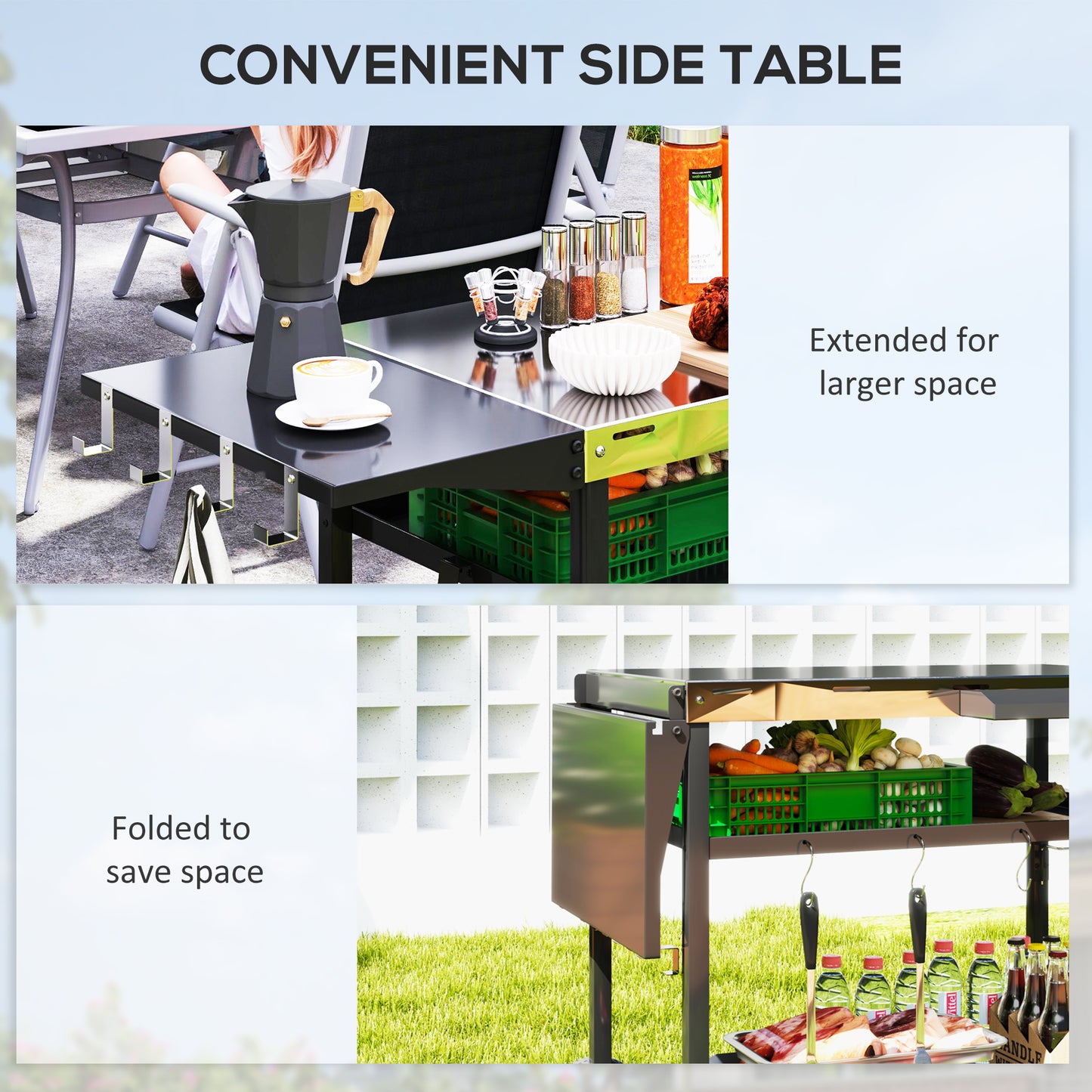 Outdoor Bar Cart with Stainless Steel Top - Black