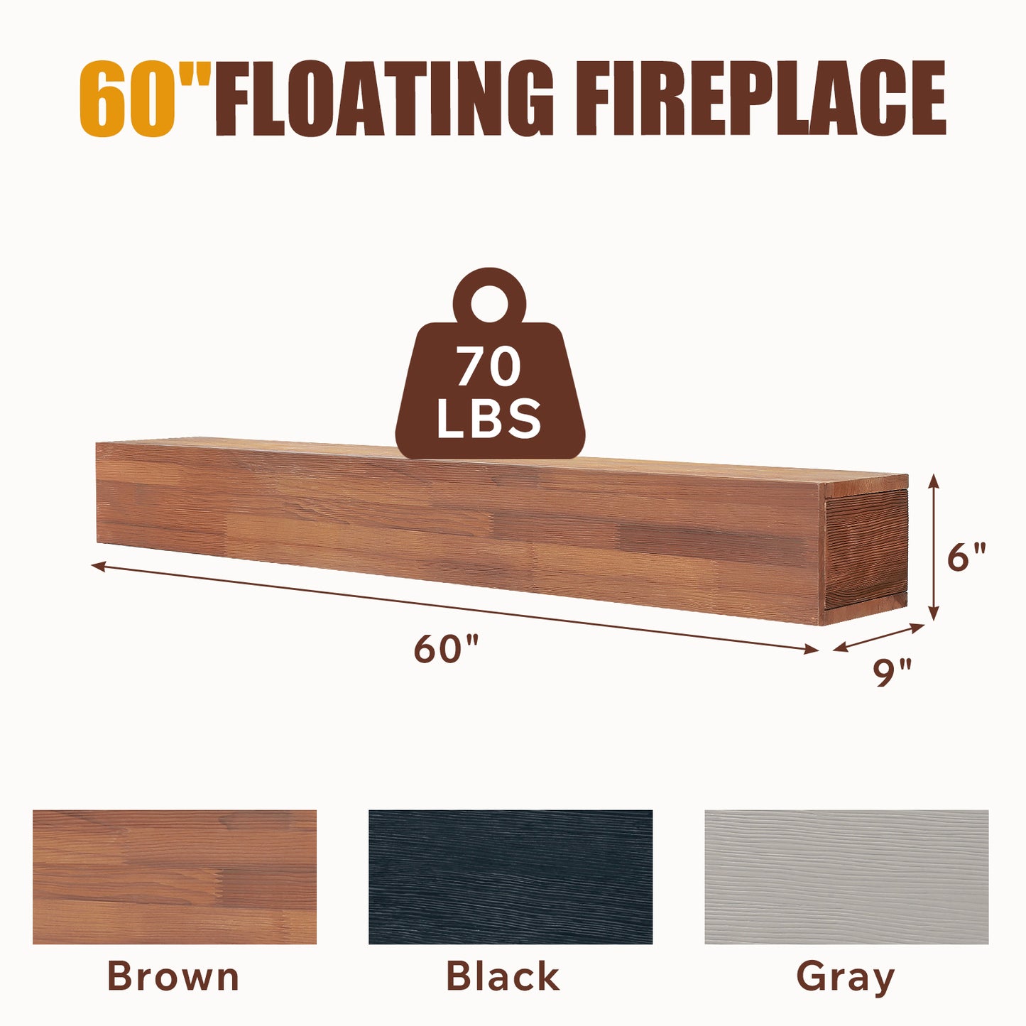 60 Rustic Wood Fireplace Mantel, Wall-Mounted & Floating Shelf For