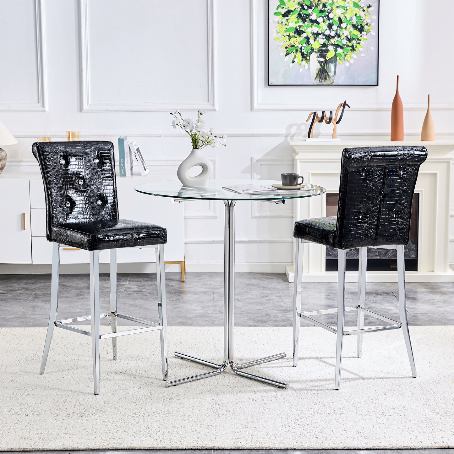 A Set Of 2 Black Vintage Crocodile Leather Bar Chairs, Featuring