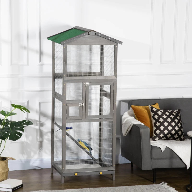 Outdoor Wooden Bird Cage for Parrots and Small Birds with Pull-Out Tray - Grey & Green