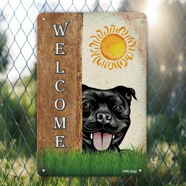 Vintage Staffordshire Bull Terrier Dog Welcome Metal Sign - 8"
