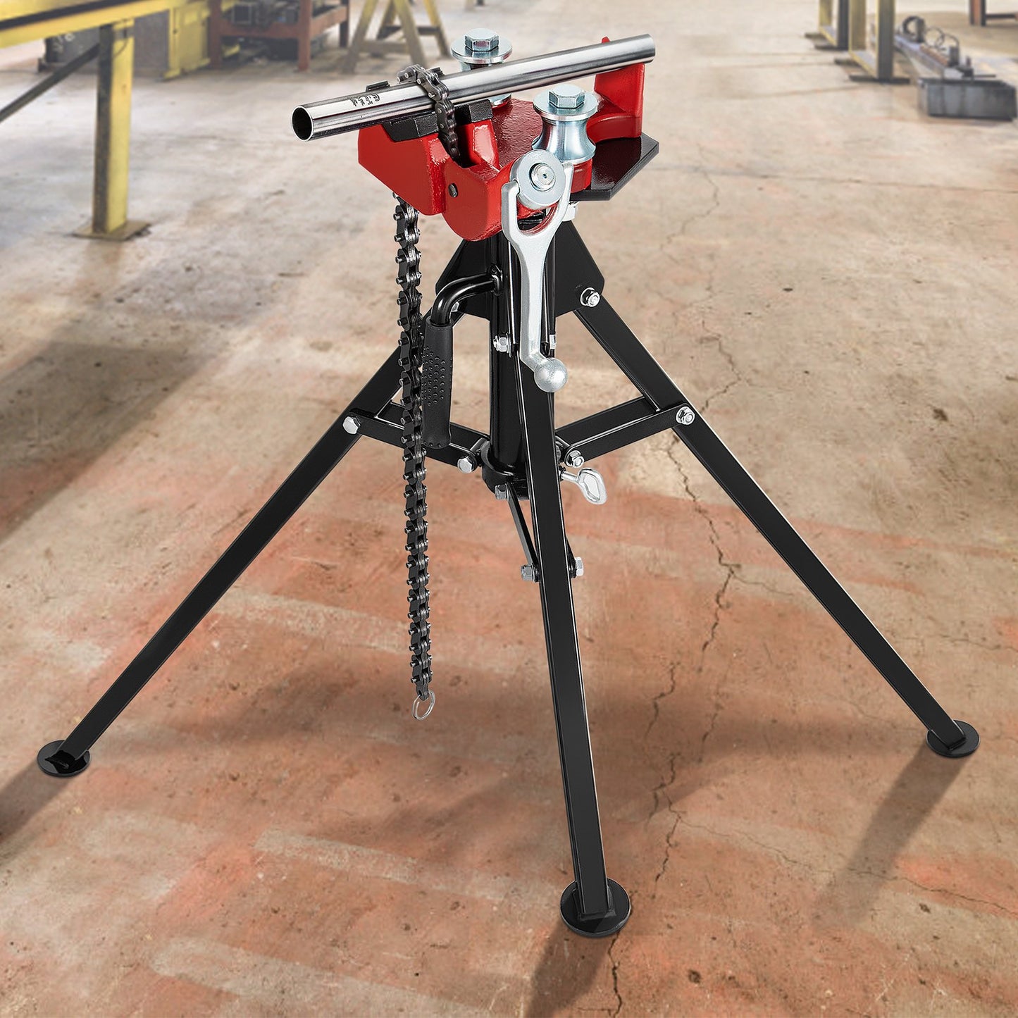 Tripod Pipe Chain Vise - Adjustable Pipe Support with Folding Steel Legs, 1/8-5 Inches Capacity