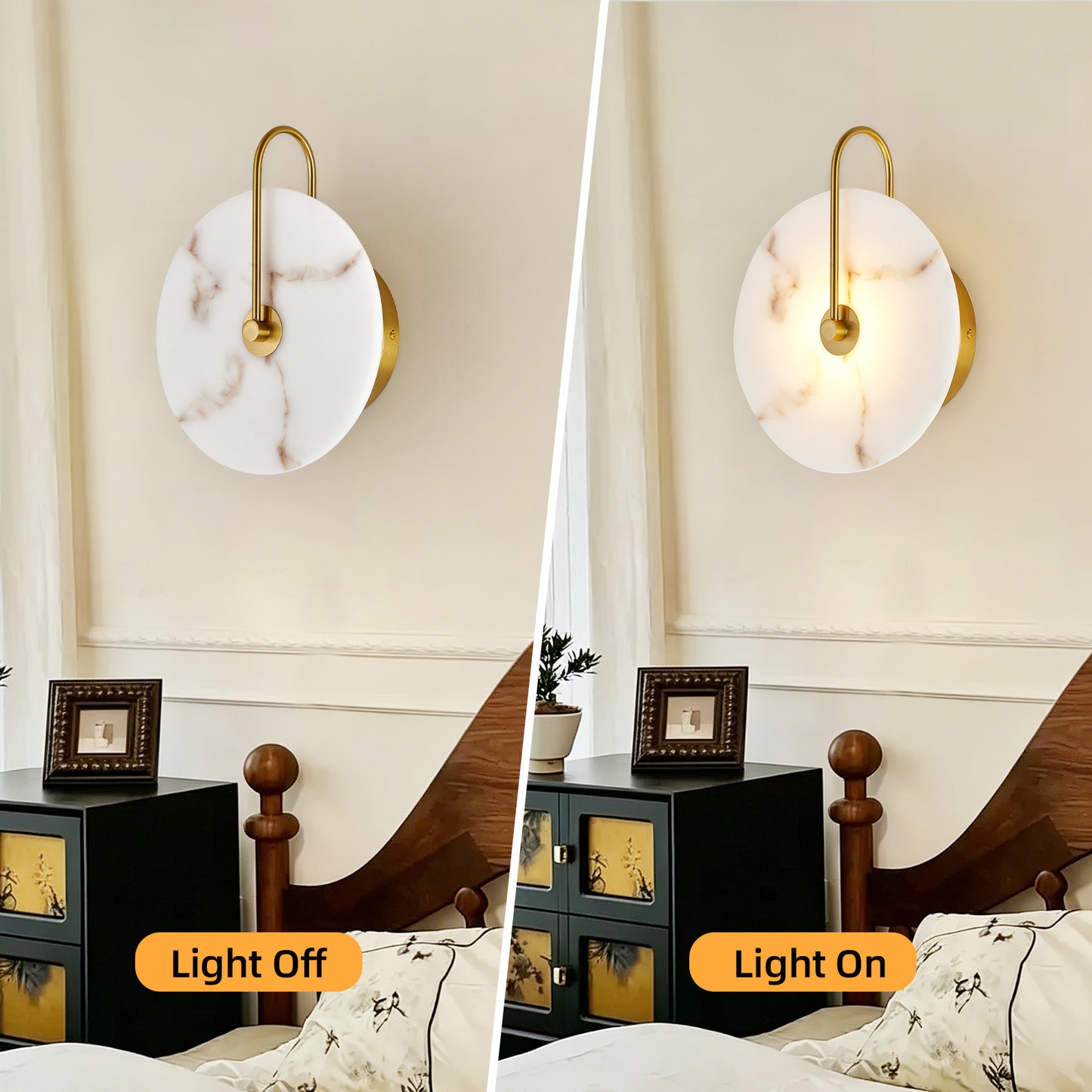 Round Alabaster Wall Sconce - Natural Marble LED Wall Lamp for Bedroom & Living Room - Gold Finish
