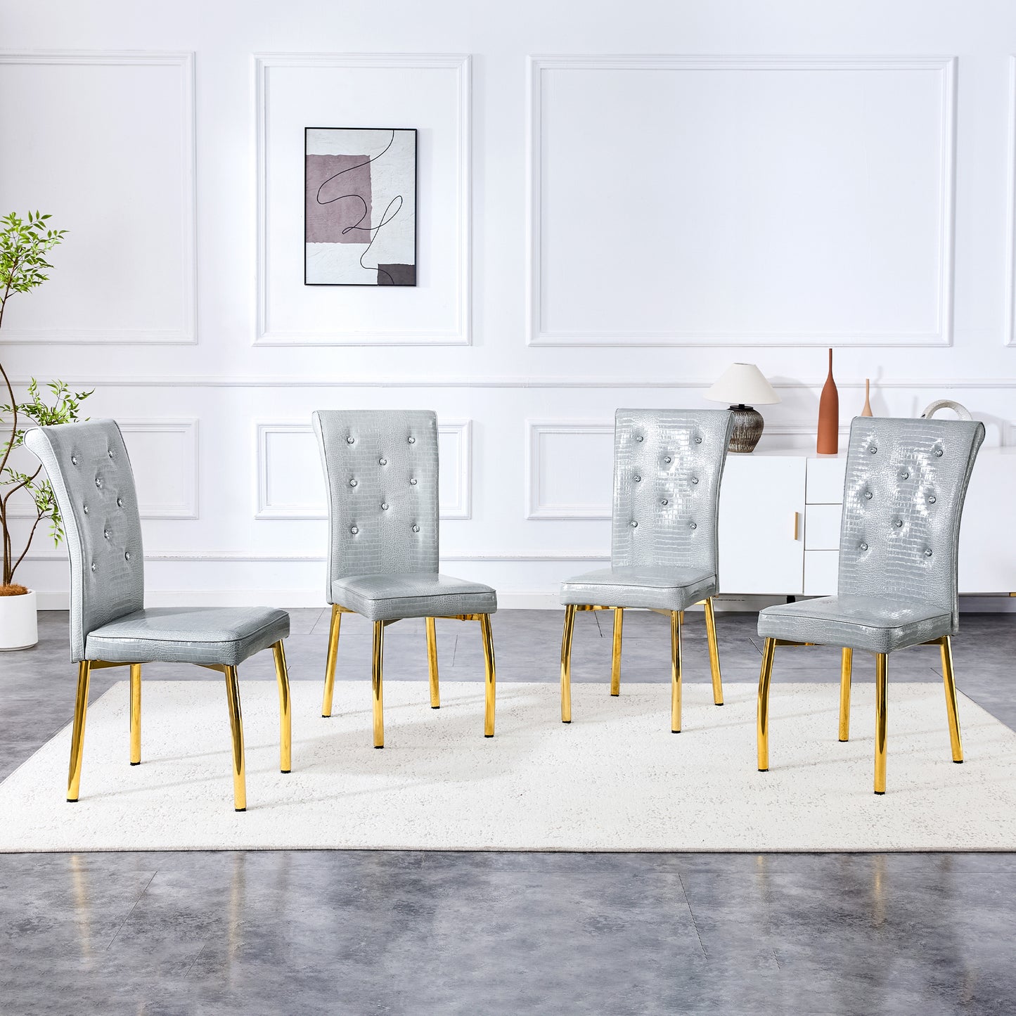 Set of 4 Gray and Gold Vintage Cushioned Dining Chairs - Elegant Design