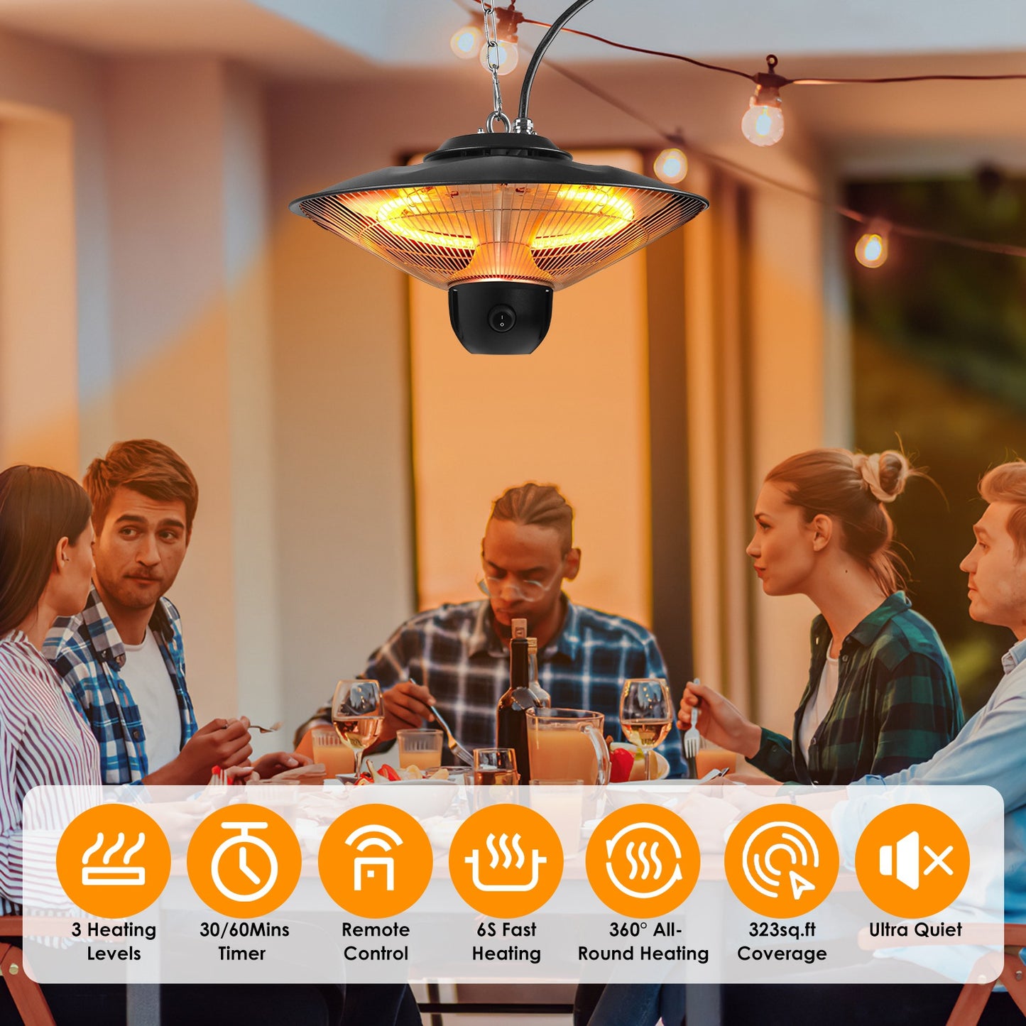 1500W Outdoor Ceiling Mount Patio Heater IP23 Waterproof with Remote & Timer - Black