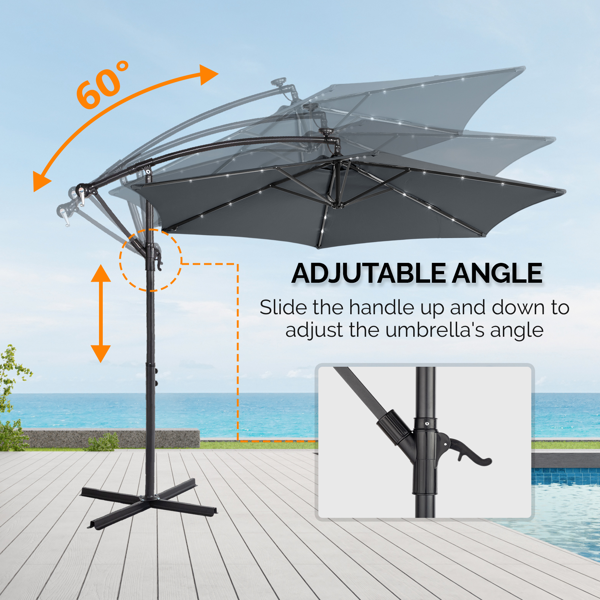 10FT Round Hanging Patio Umbrella with LED Lights & Stand - Gray