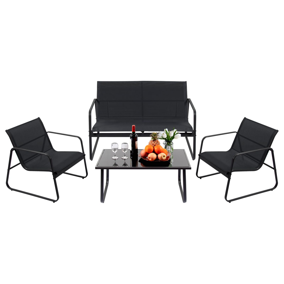 Outdoor Courtyard Furniture Set with Table - 4 Black Chairs