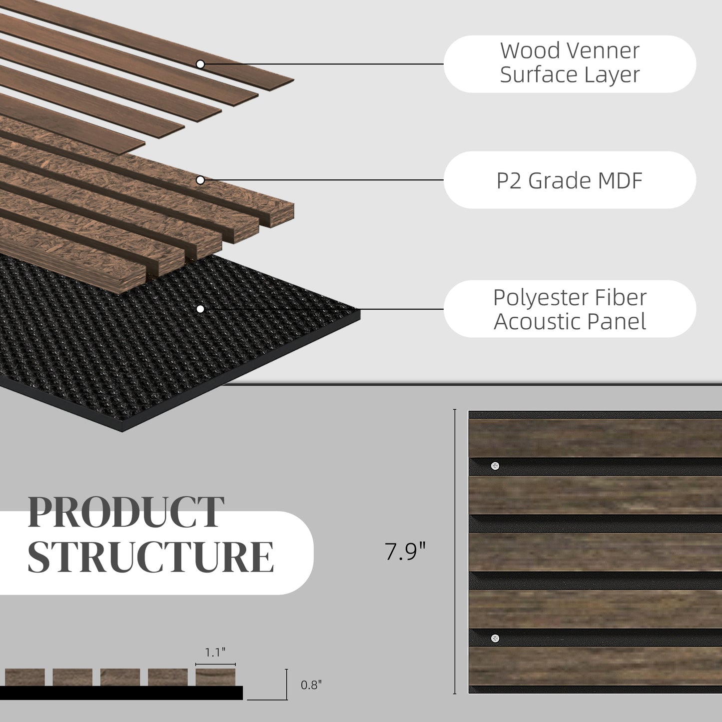 Acoustic Wood Wall Panels - 4 Pack Sound Absorbing Slats, Walnut