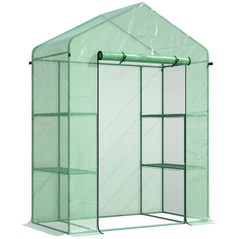 Walk-In Greenhouse with 3 Tiers Shelves, Roll-Up Door & PE Cover - Green