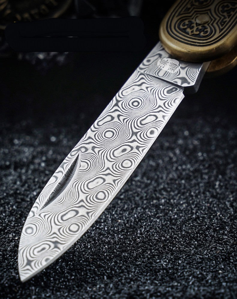 Mini Folding Damascus Steel Pocket Knife with Rose Pattern - Portable and Sharp