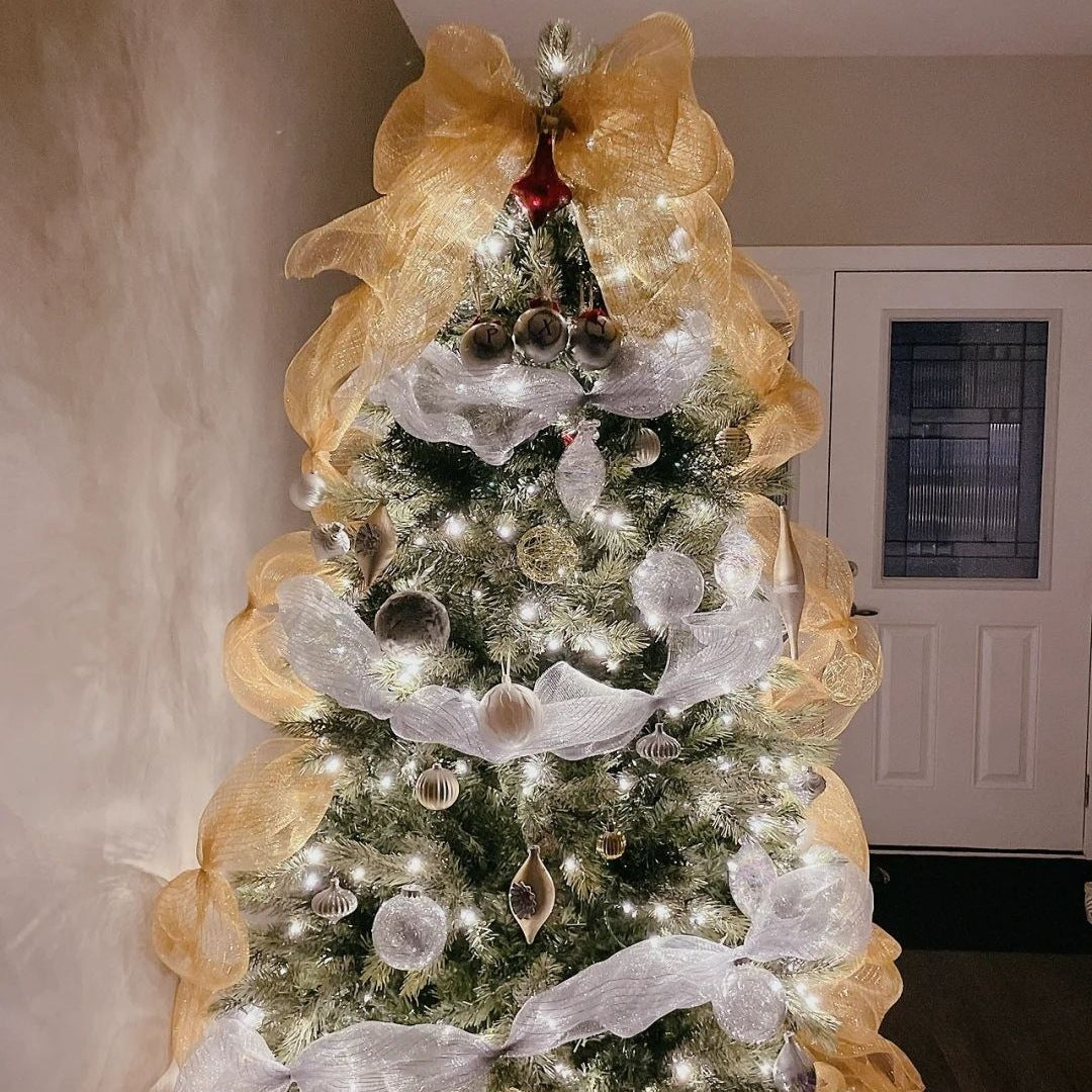 Christmas Tree Decoration Ribbons Mesh Bow Pendants Set for Holiday Decor - 26cm x 10 Yards