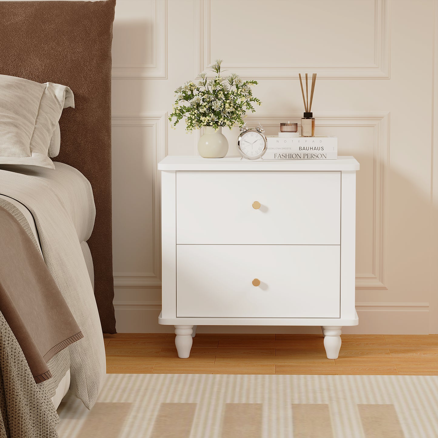 Modern White 2-Drawer Nightstand - MDF Bedside Table