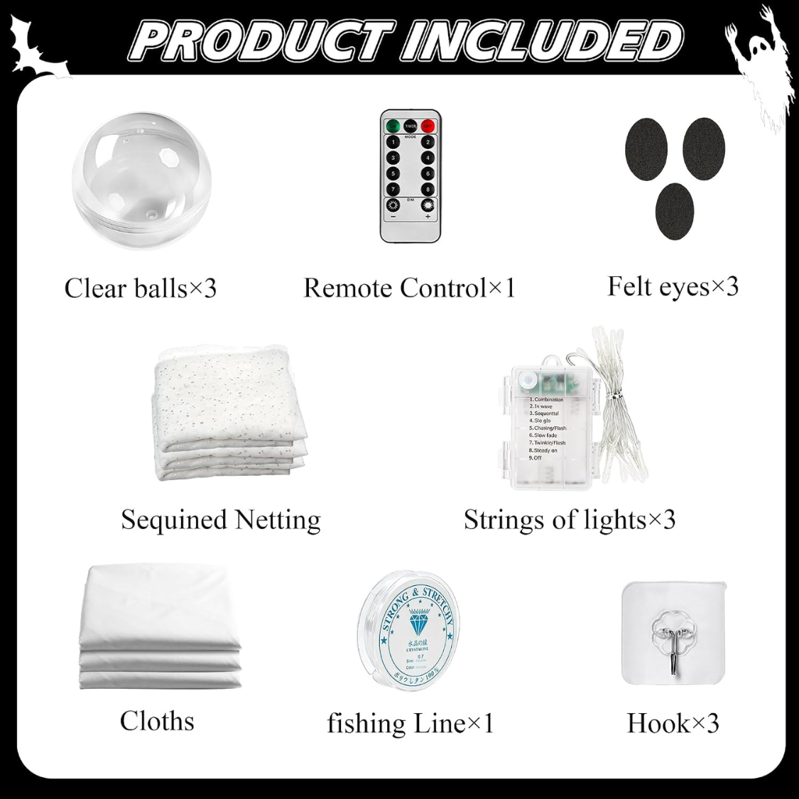 3-Piece Hanging Ghost Decoration Set with Remote-Controlled Lights