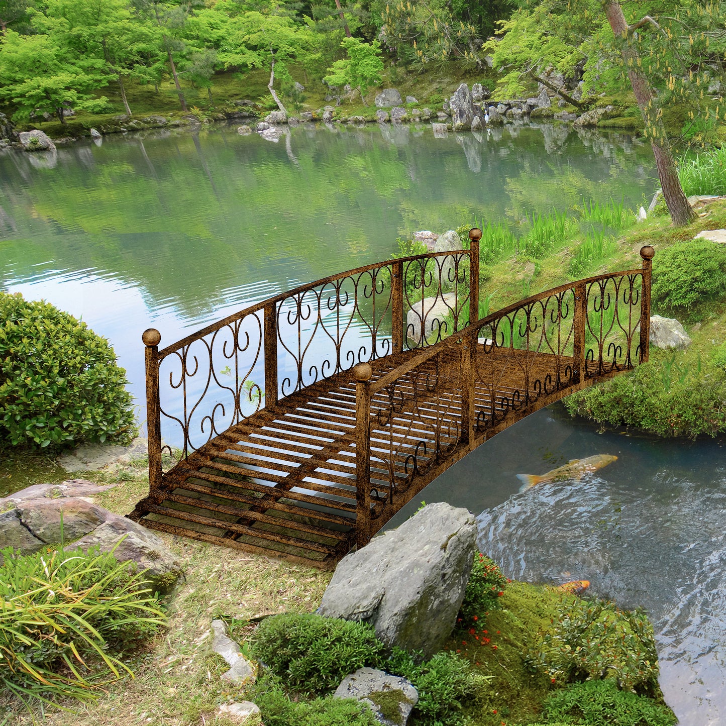 Bronze Metal Garden Arch Bridge with Side Railings, Decorative Scrollwork, 840x740x245 mm