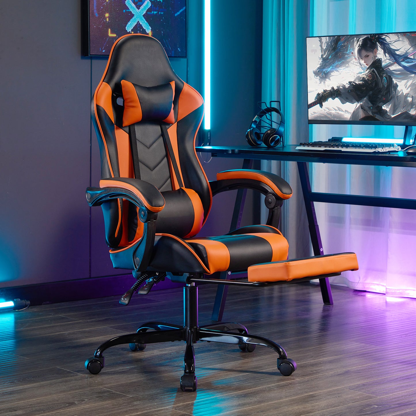 Ergonomic Gaming Chair with Footrest & Lumbar Support - Black Orange