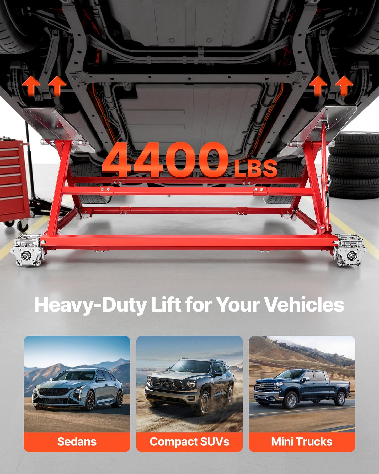 Portable Car Lift 4400 lbs Heavy Duty Steel Manual Garage Lifter - Black