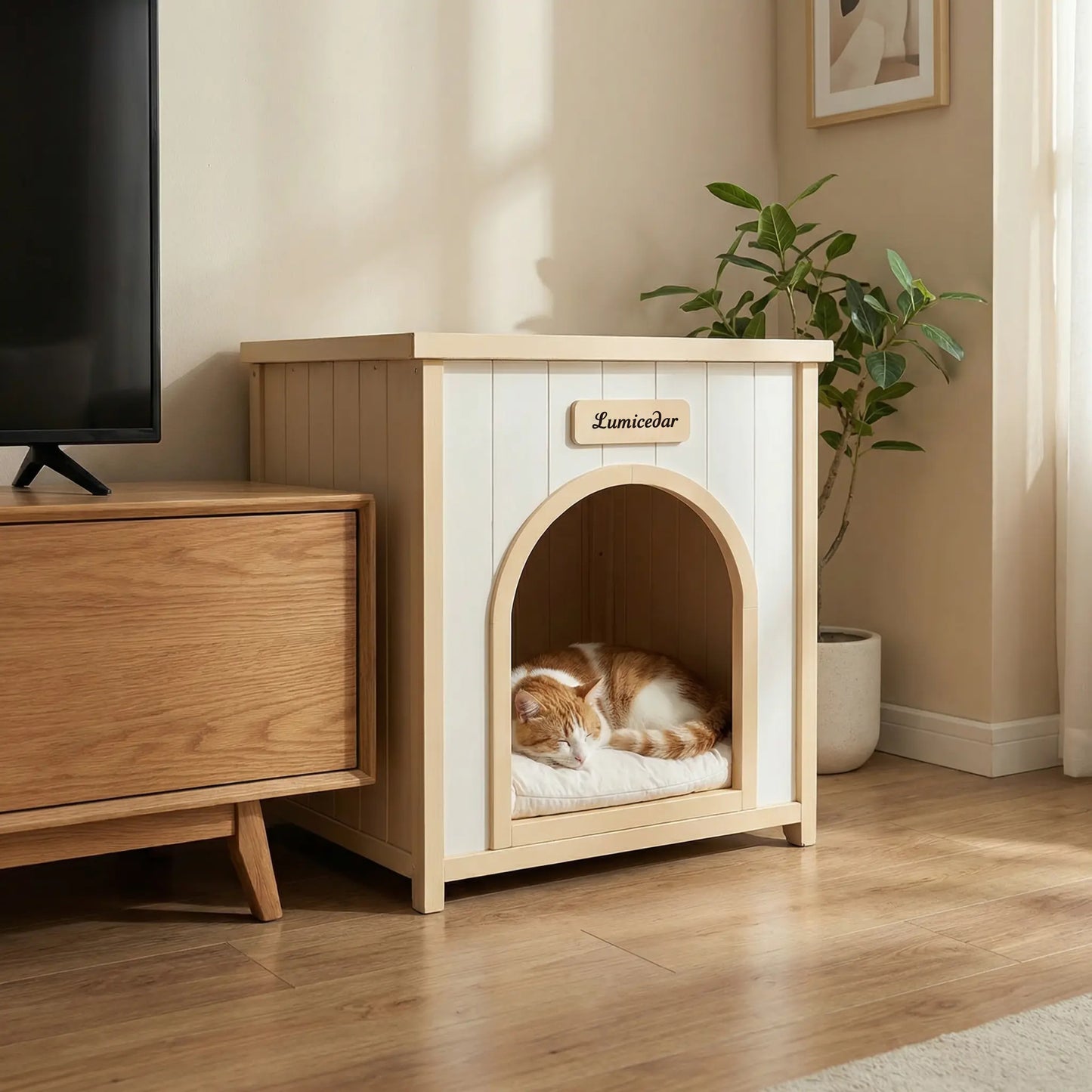 Indoor Wooden Dog House with Removable Cushion - Small Pet Shelter, Scandinavian Design