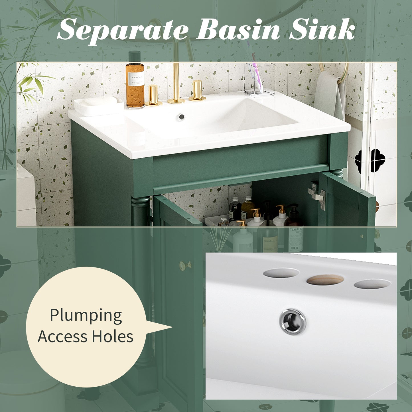 24-Inch Green Bathroom Vanity with Ceramic Sink & Storage