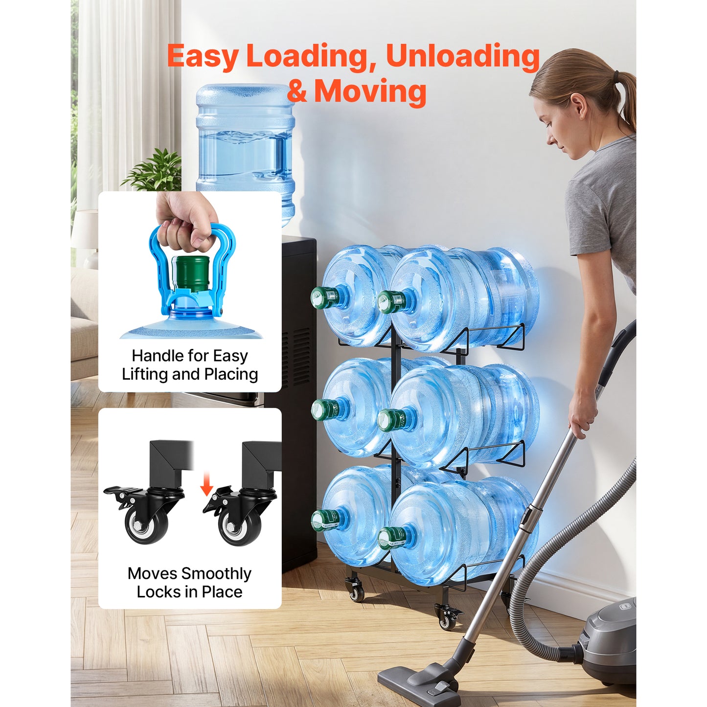 Heavy Duty Water Jug Holder Rack - 3 Tiers for 3 & 5 Gallon Bottles, Foldable with Casters & Handles, Kitchen & Office Organizer